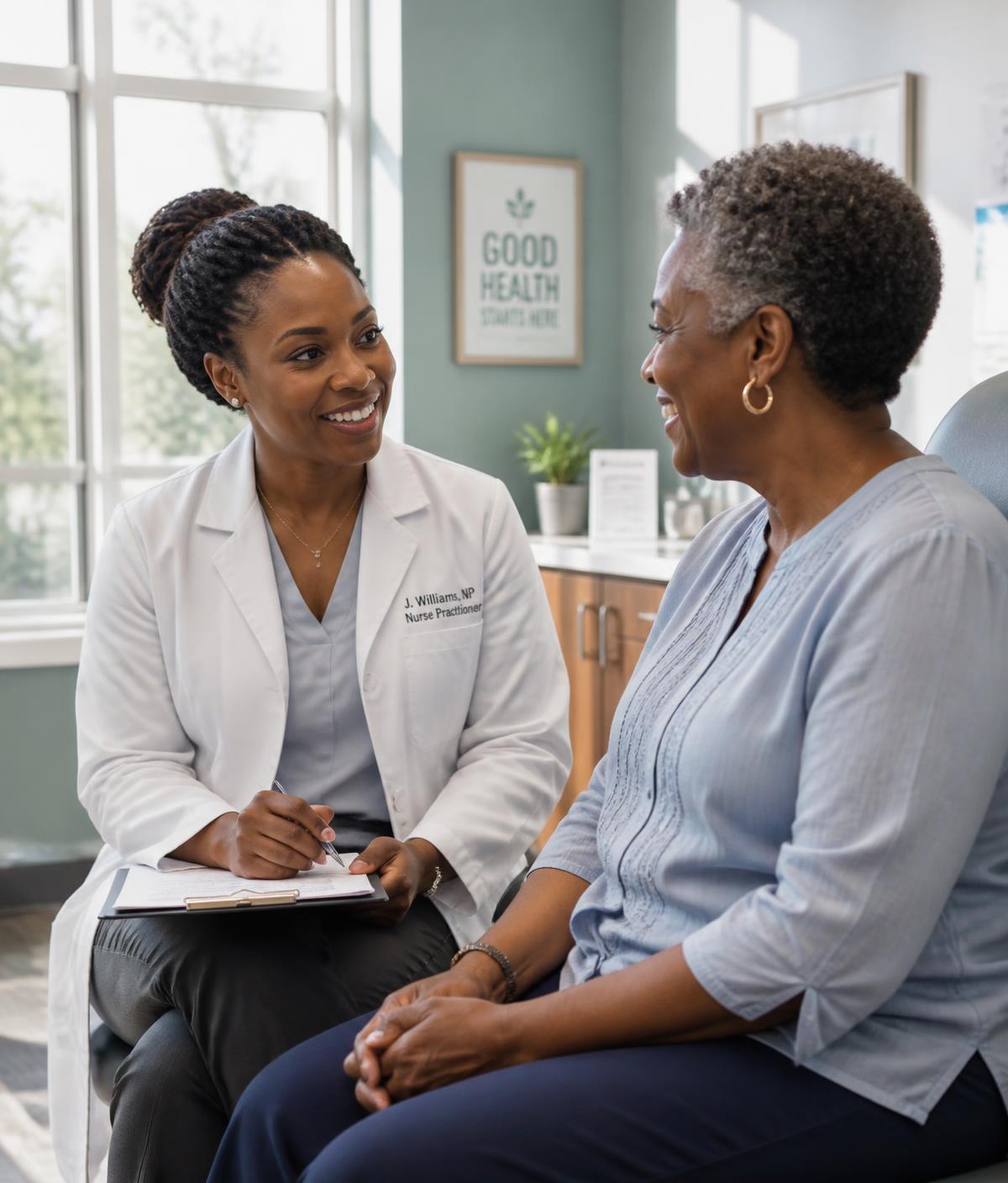 A nurse practitioner talking warmly with a patient in a bright consultation room
