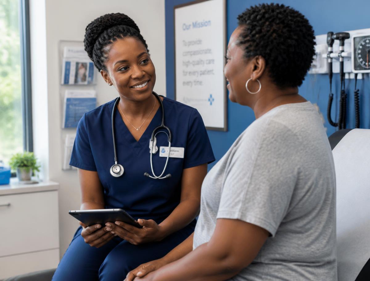 A nurse practitioner talking warmly with a patient in a bright consultation room